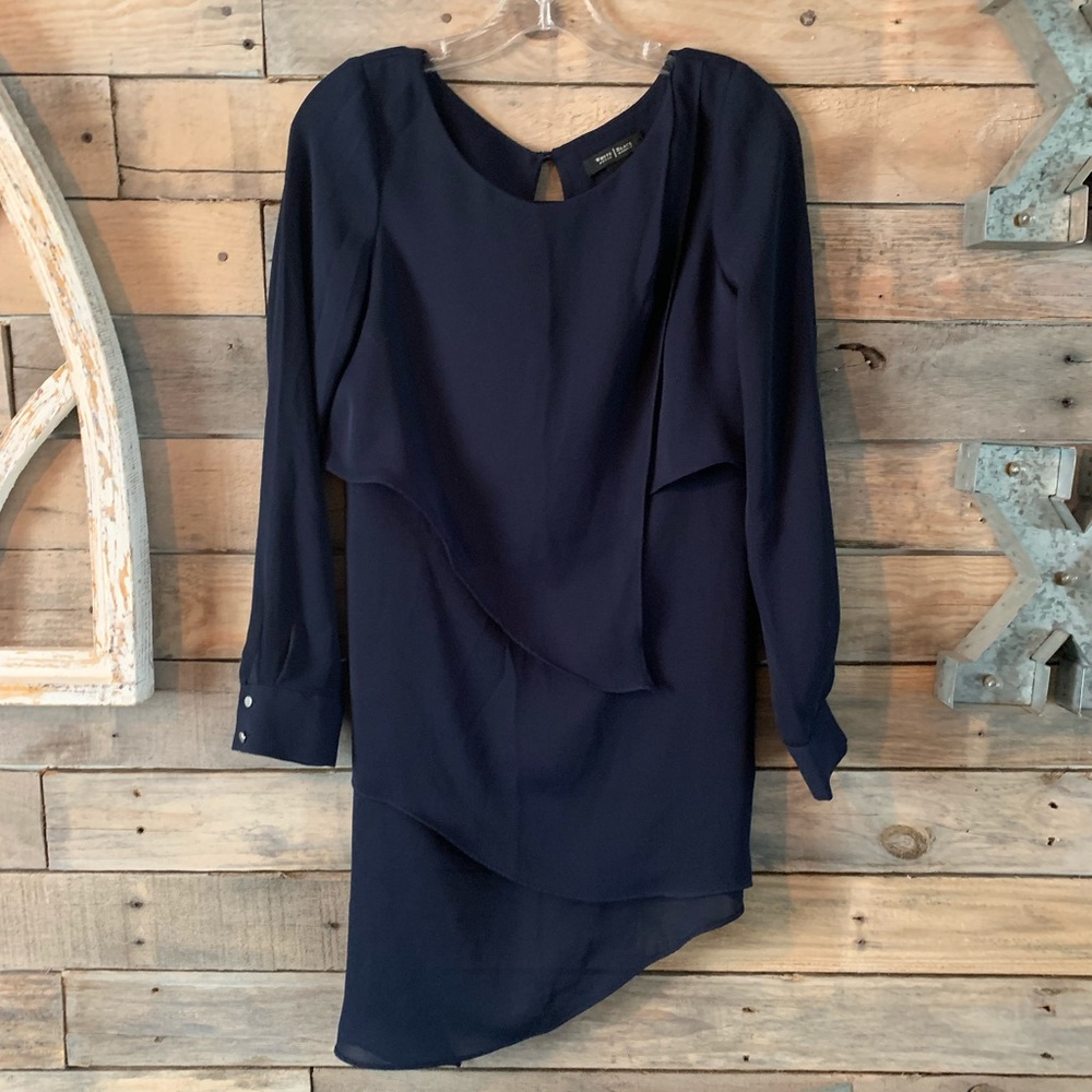 Navy Asymmetrical White House Black Market Blouse
